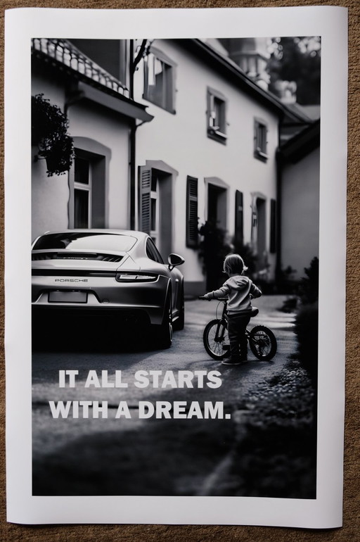 Porsche "Tutto inizia con un sogno" | poster in bianco e nero