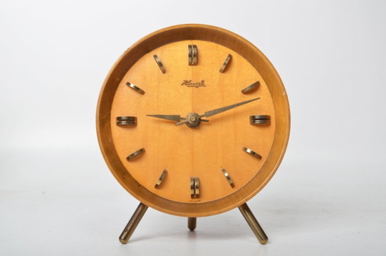 Image 1 of Mid Century Clock by Kienzle / Teak & Brass / Tripod Desk, Table or Shelf Clock / Germany, 1960's