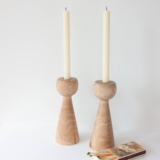 Pair of Wood Candle Holders in Danish Design Style, 1970's – kandelaars en kaarsen