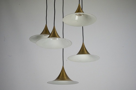 Image 1 of Fog & Morup, Midcentury Brass Pendant with Five Pendant Drops. Danmark, 1960s