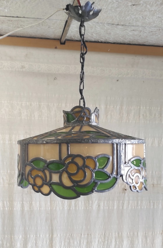 Image 1 of Hanglamp van glas en lood in Tiffany-stijl - midden 20e eeuw