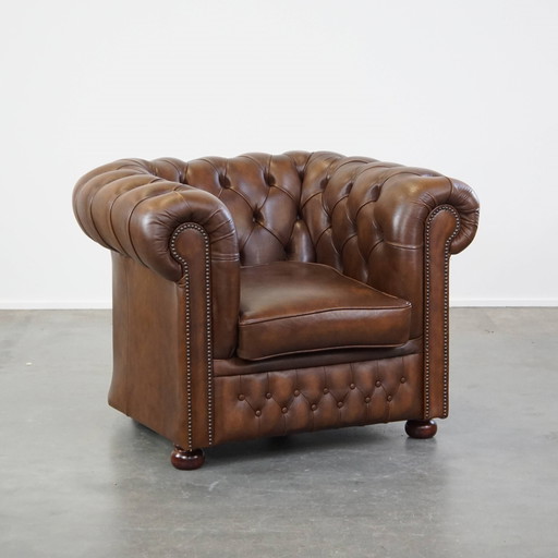 Bruine Rundleren Chesterfield Fauteuil