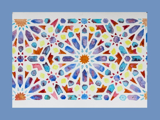 Image 1 of Aquarelle originale représentant une faïence arabe. Peinture géométrique. Neuve.