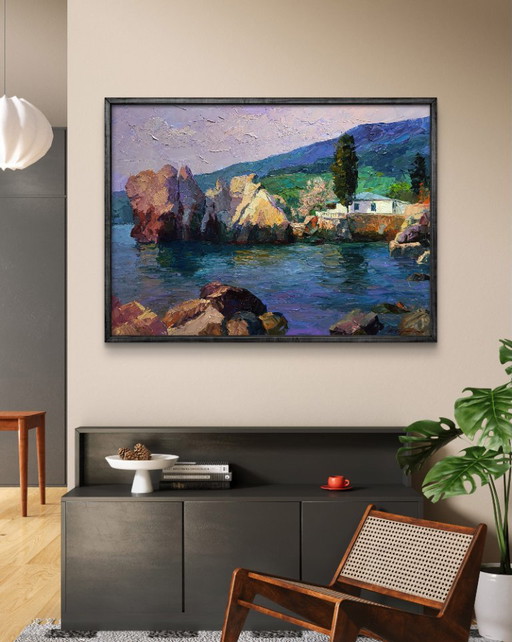 Original Oil Painting Seascape Rocks House On The Beach Morning At Sea – schilderijen tekeningen, Canvas (photo 2 of 7)