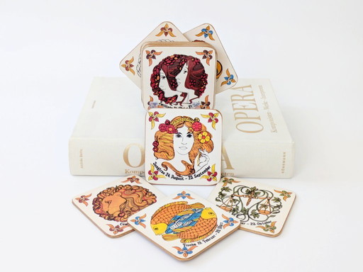 Set of 12 Vintage Zodiac Coasters | German Astrological Signs | 1970s Art Nouveau Style