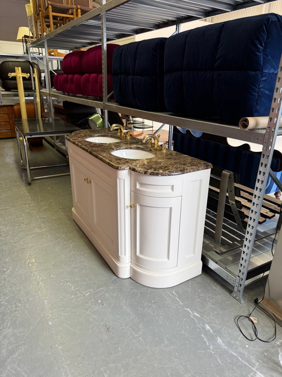 Classic Double Marble Top Bathroom Vanity & Gold Hardware – Storage cabinet (photo 3 of 12)