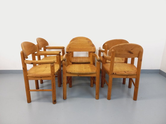 Image 1 of Set van 6 vintage Scandinavische Rainer Daumiller fauteuils van grenenhout uit de jaren 70.