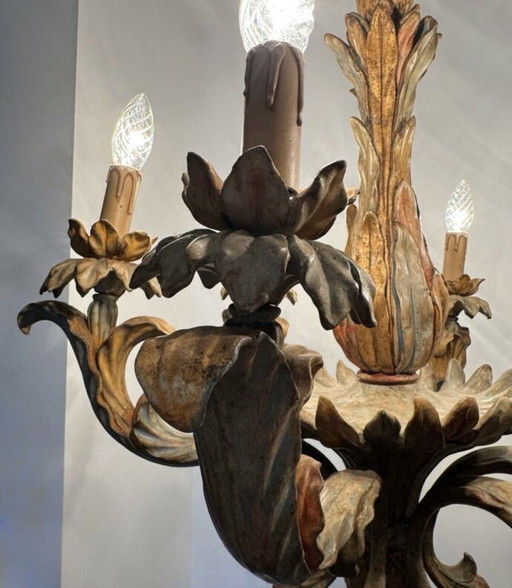 70s Hollywood Regency Style Carved Wood Chandelier