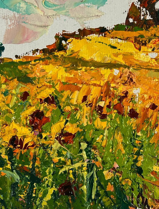 Image 1 of Peinture à l'huile originale, paysage naturel, tournesols d'été dans un champ