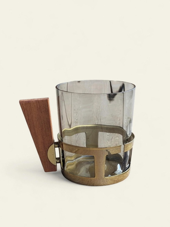 Rare Service à Punch Vintage des Années 1930 – Verre Fumé, Laiton & Bois de Teck – Verres et carafes, Brass (photo 3 of 9)