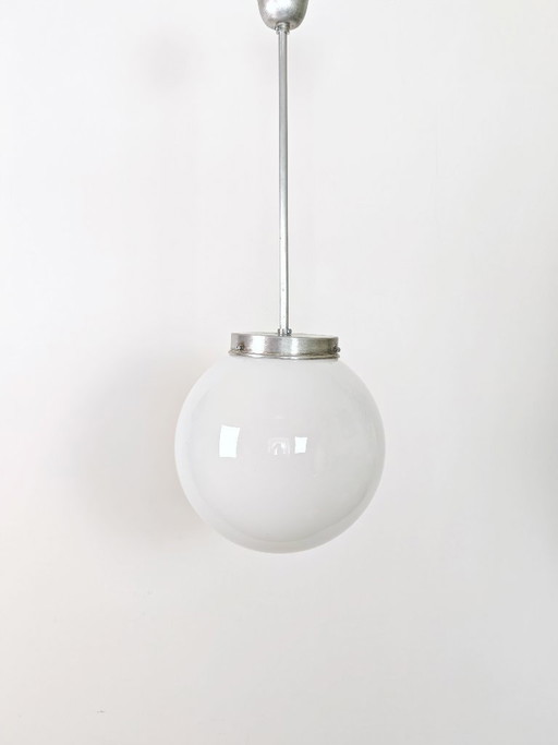 Vintage Opaline Glass Globe Pendant Light / Mid Century Modern Ceiling Lamp / Scandinavian Hanging Light