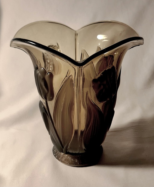 Jarrón Art Déco Barolac Inwald grande de tulipanes gris ahumado ca. 1937 „Fait en Belgique“ ¡TOP! – tafelaccessoires, Glass