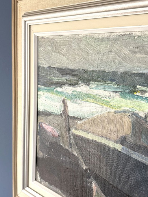 Pintura al óleo modernista 'Barcos en la playa' de Carl Berndtsson (1902-1982)