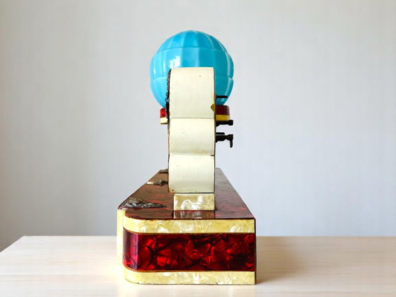 Image 1 of German Art Deco wood mother of pearl silver clock blue opaline glass lamp set with drawers, 1930s