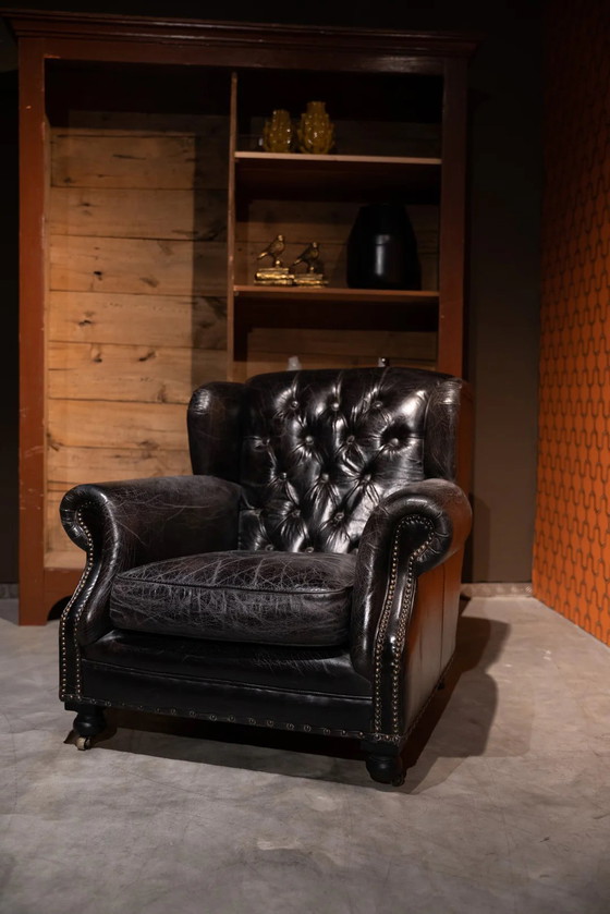 Image 1 of Chesterfield Timothy Oulton Fauteuil Zwart Craqulee leer
