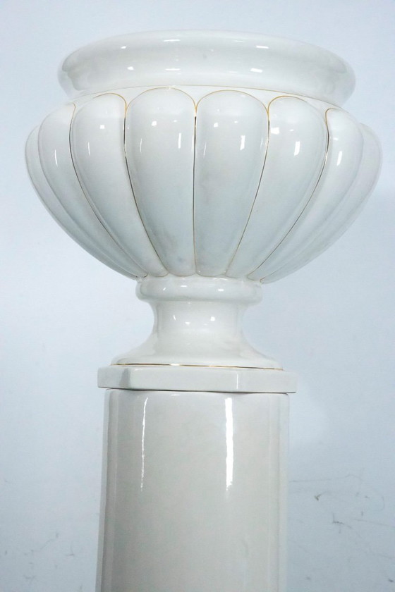 Image 1 of Tommaso Barbi Oversized White Ceramic Vase with Gold Details and Column, Italy 1970s