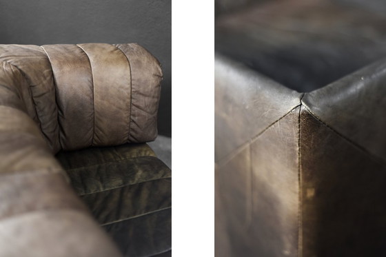 Image 1 of Vintage Mid-Century Modern German Brutalist 2-Seater Brown Leather Bed Sofa, 1970s