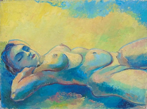 Origineel vintage olieverfschilderij "Nu Couché" Expressionistische liggende naaktfiguur op paneel