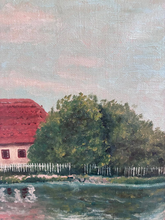 Image 1 of Peinture à l'huile originale vintage représentant un paysage, signée, œuvre d'art de ferme
