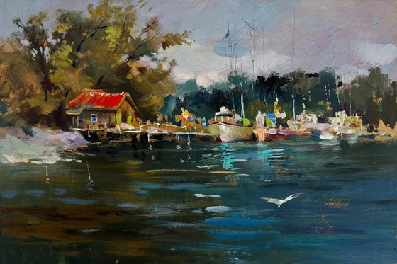 Image 1 of Original Oil Painting Summer River Landscape Small yacht club