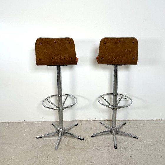 Image 1 of Vintage bar stools, chrome with wooden seat