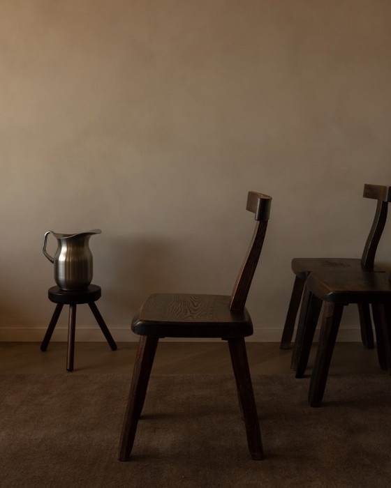 Image 1 of Set of 3 Vintage “T” Dining Chairs by Aranjou, France (c.1960s) – Stained Elm, Brutalist Sculptural