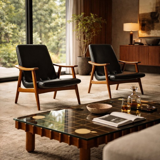 Elegante Set Van Twee Mid-Century Zwart Skai Leren Fauteuils Met Teak Houten Frame | Jaren 60