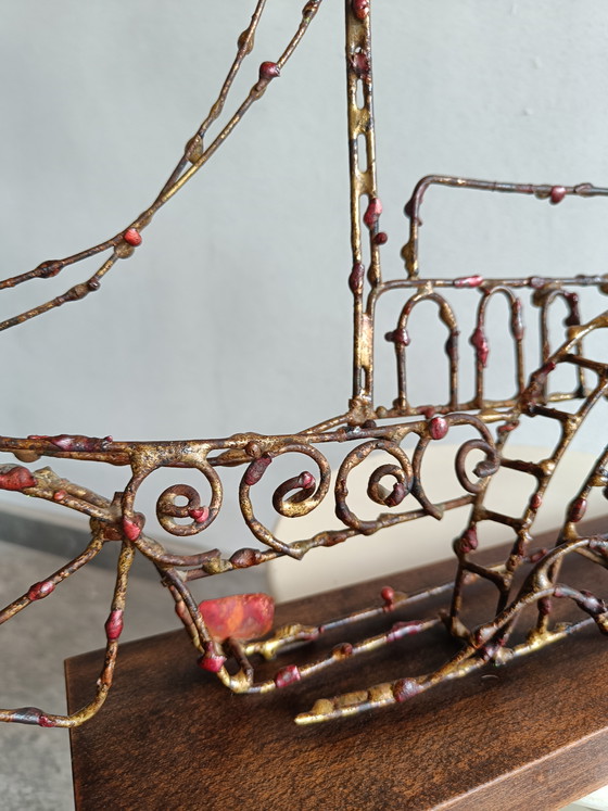 Image 1 of Signed Marcello Fantoni Brutalist Metal Steamboat Sculpture, Italy 1960s