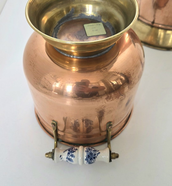 Vintage Nederlandse paraplubak en plantenbakset van koper en messing - Delftsblauwe handgrepen – Copper (photo 11 of 12)