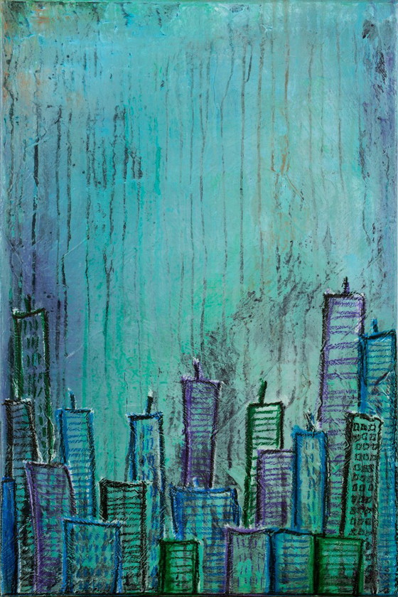 Image 1 of Contemporary paintig in teal, purple and green shades, acrylic on canvas