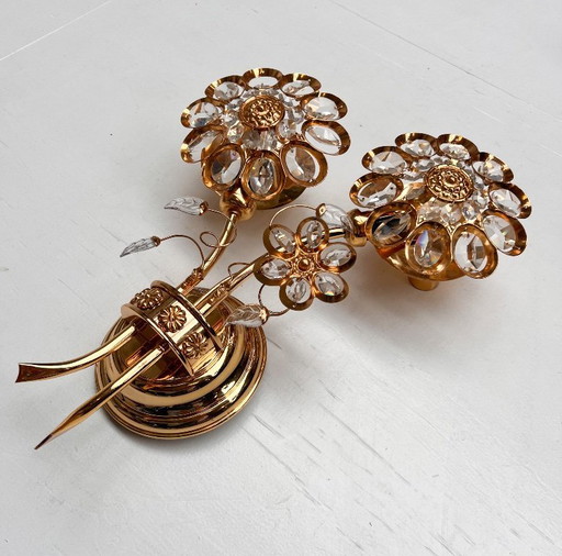 Brass and crystal Art Deco wall lamp attributed to PALWA, 1960s