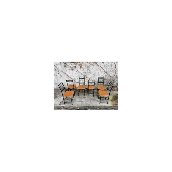 Image 1 of Set of 6 vintage aluminum and brown leather dining chairs by Ycami, 1980