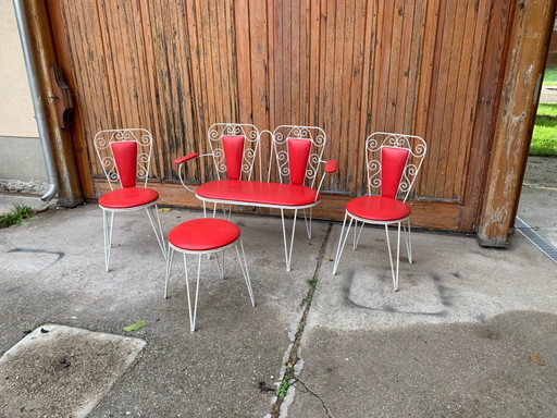 Witte metalen & rode kunstlederen Tuinset, 1968, Set van 4