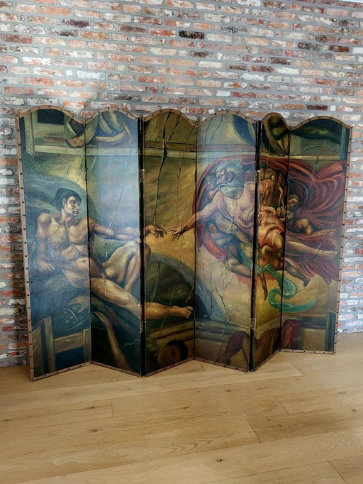 Biombo Art Déco excepcional pintado a mano, inspirado en "La creación de Adán" de Miguel Ángel (aprox. 1920-1935).