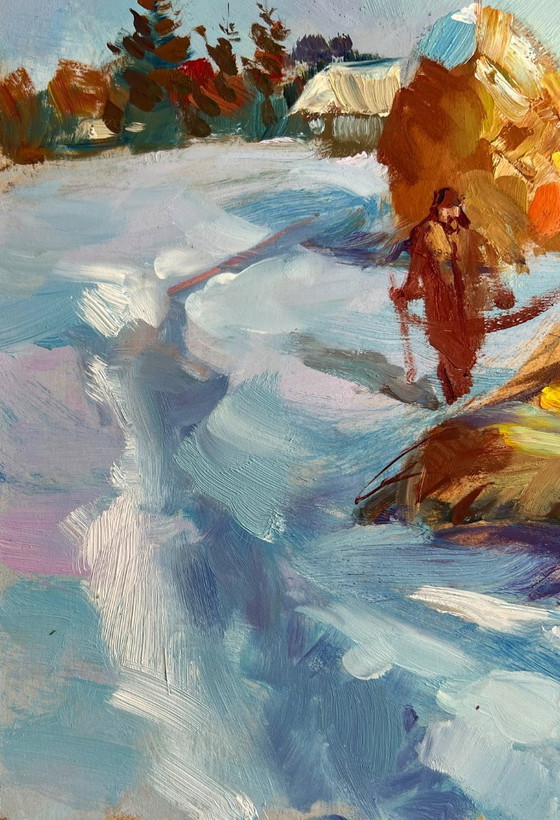 Image 1 of Original Oil Painting Winter Village Landscape Loading hay in winter