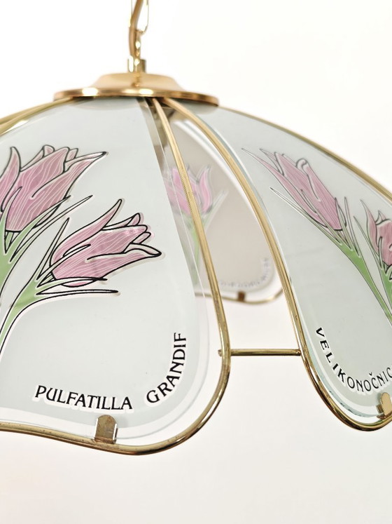 Image 1 of Vintage hanglamp met bloemblaadjes / Retro botanische messing plafondkroonluchter / Glazen tulp hanglamp uit de jaren 80