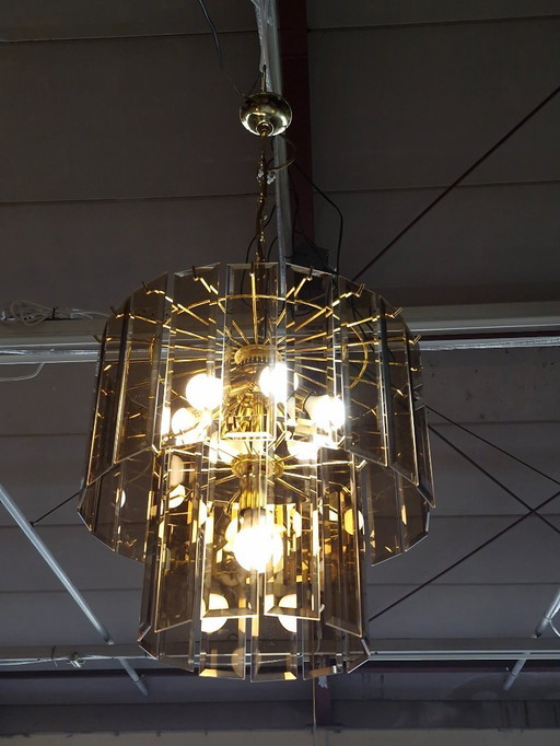 Vintage XL chandelier brass smoked glass 70s