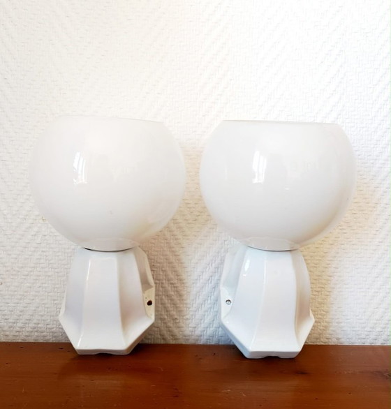 Image 1 of 2x Art Deco Porcelain and Opaline Wall Sconces