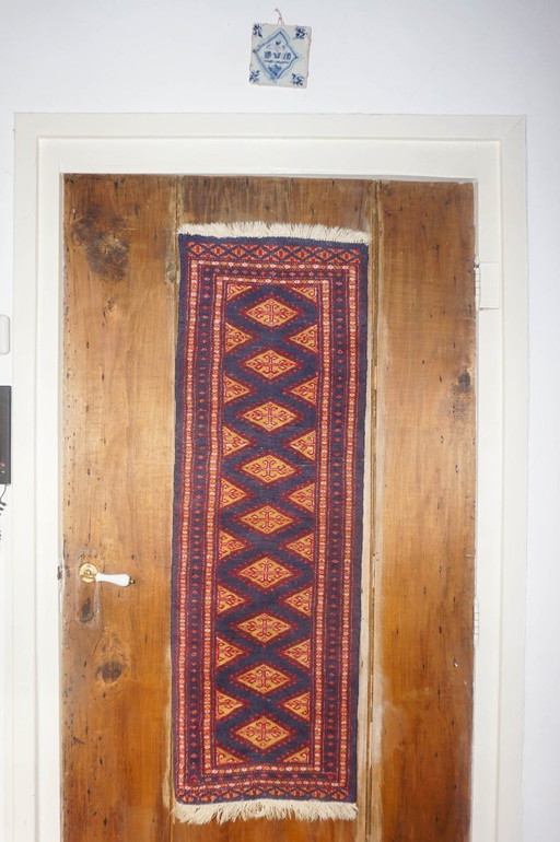 pakistani bokhara runner rug * vintage wool hallway carpet * red blue tribal narrow runner 