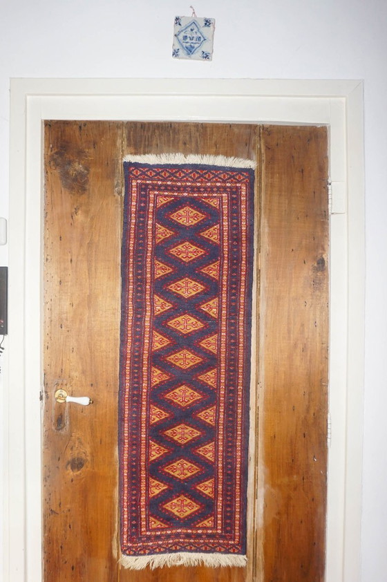 Image 1 of pakistani bokhara runner rug * vintage wool hallway carpet * red blue tribal narrow runner 