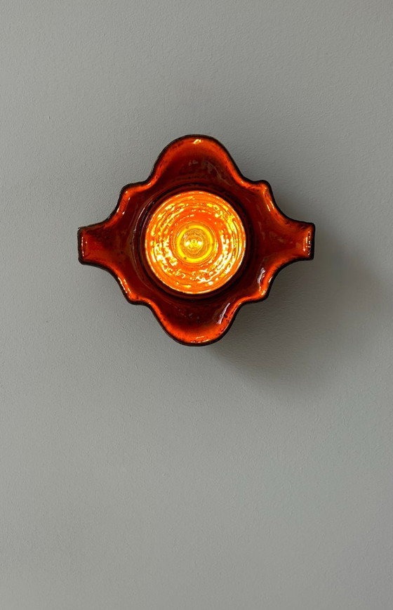 Image 1 of Paar vintage wandlampen, bruin en oranje keramiek, Zweden 1960