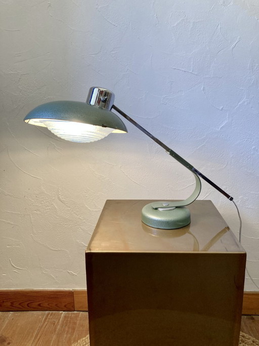 Solère telescopic lamp, hammered paint & blue diffuser, 1950s