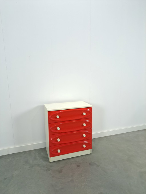 Cassettiera vintage con cassetti in plastica rosso-rosa, 1970