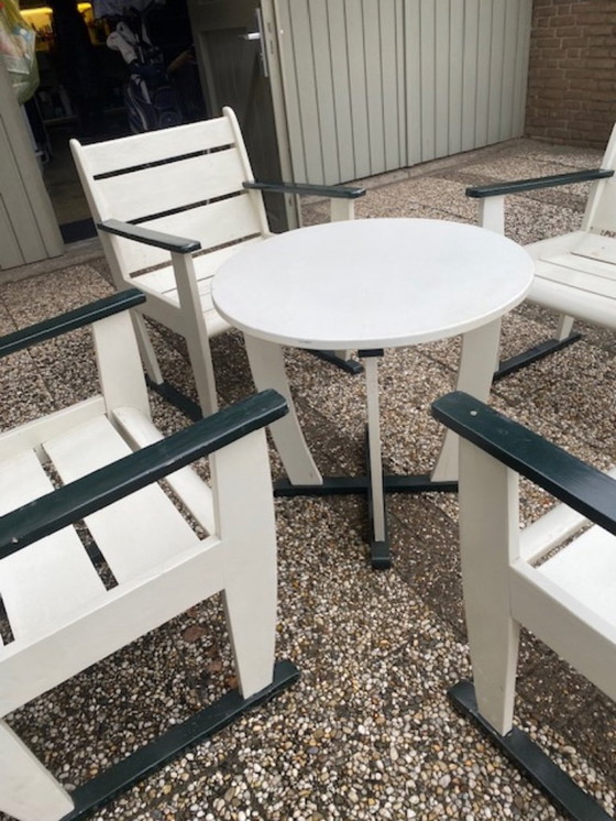 Image 1 of Set da giardino composto da 4 sedie e tavolo coordinato in legno bianco/ecru e verde scuro, stile L'Aia