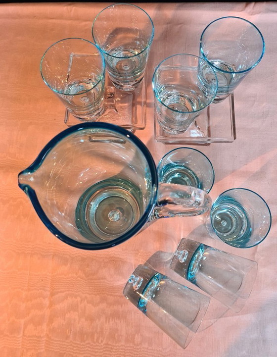 Image 1 of Krosno Polonia set di bevande in vetro artistico blu ghiaccio con ciotola per ING 2000