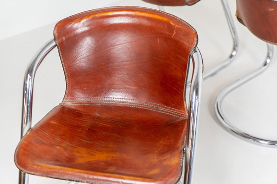 Image 1 of Set Of 4 Rare Leather Dining Chairs By Willy Rizzo For Metaform (The Netherlands, 1970S).