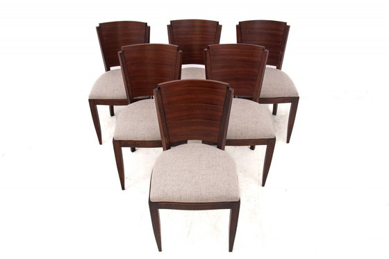 Image 1 of  zoom_in Original walnut extendable table, designed by Louis Majorelle, with 6 Art Deco chairs.