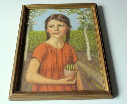 1920 - Antieke pastelkrijttekening "Portret van een jong meisje in de tuin".