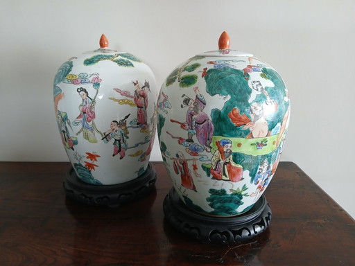 Pair of large Chinese enamel ginger jars Famille Rose 30cm