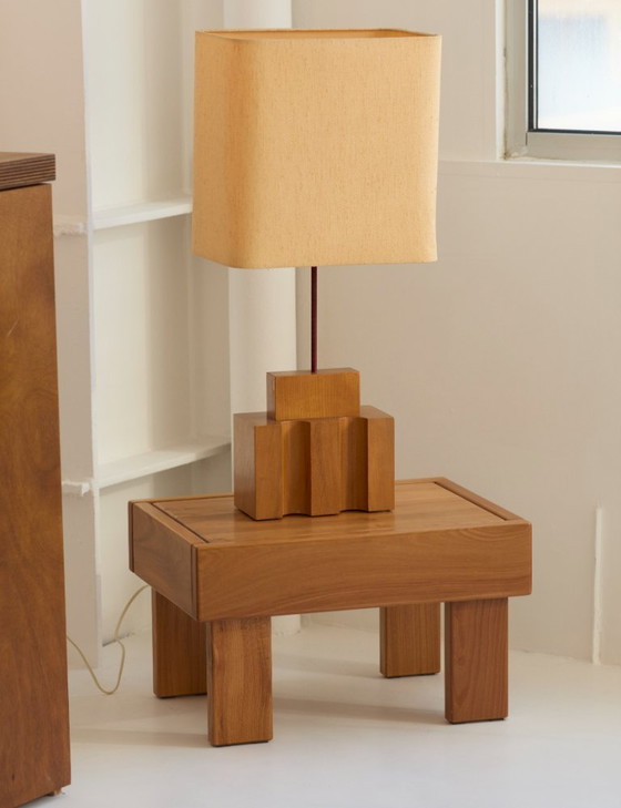 Image 1 of Lampada Maison Regain in olmo massiccio e paralume originale, vintage circa 1980